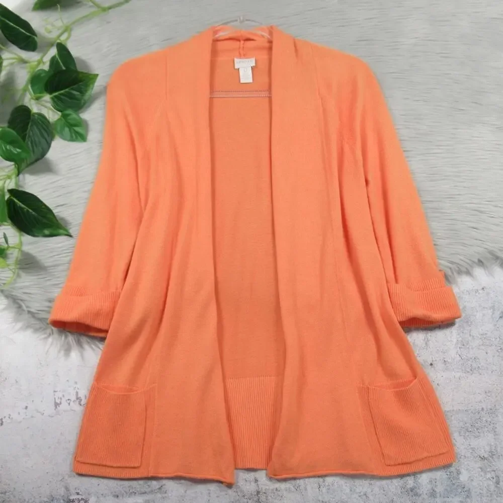 CHICO’S Orange Cotton Blend Open Front Lightweight Casual Cardigan Size Small